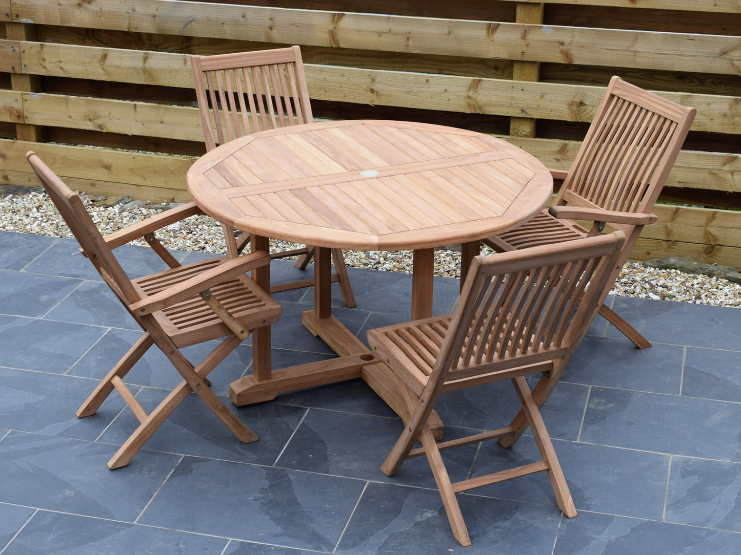 4 Seater Large Round Pedestal Teak Set with Folding Chairs and Armchairs