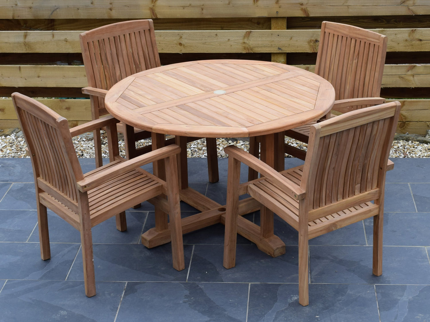 4 Seater Large Round Pedestal Teak Set with Henley Stacking Armchairs