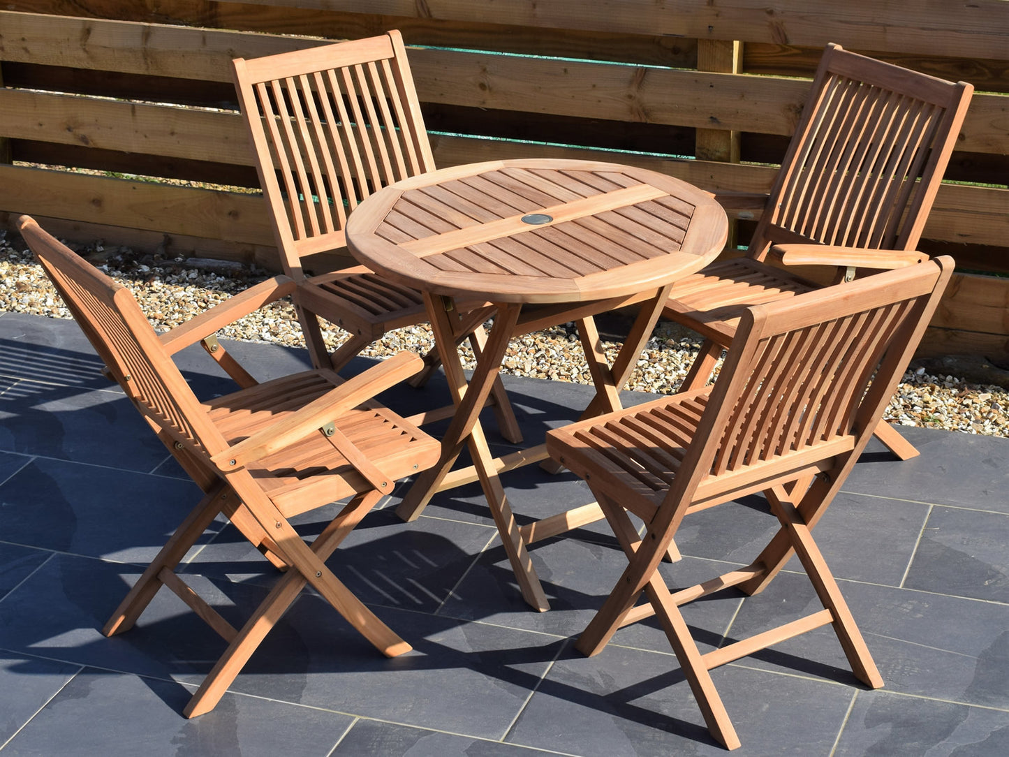 4 Seater Small Round Folding Teak Set with Folding Chairs & Armchairs