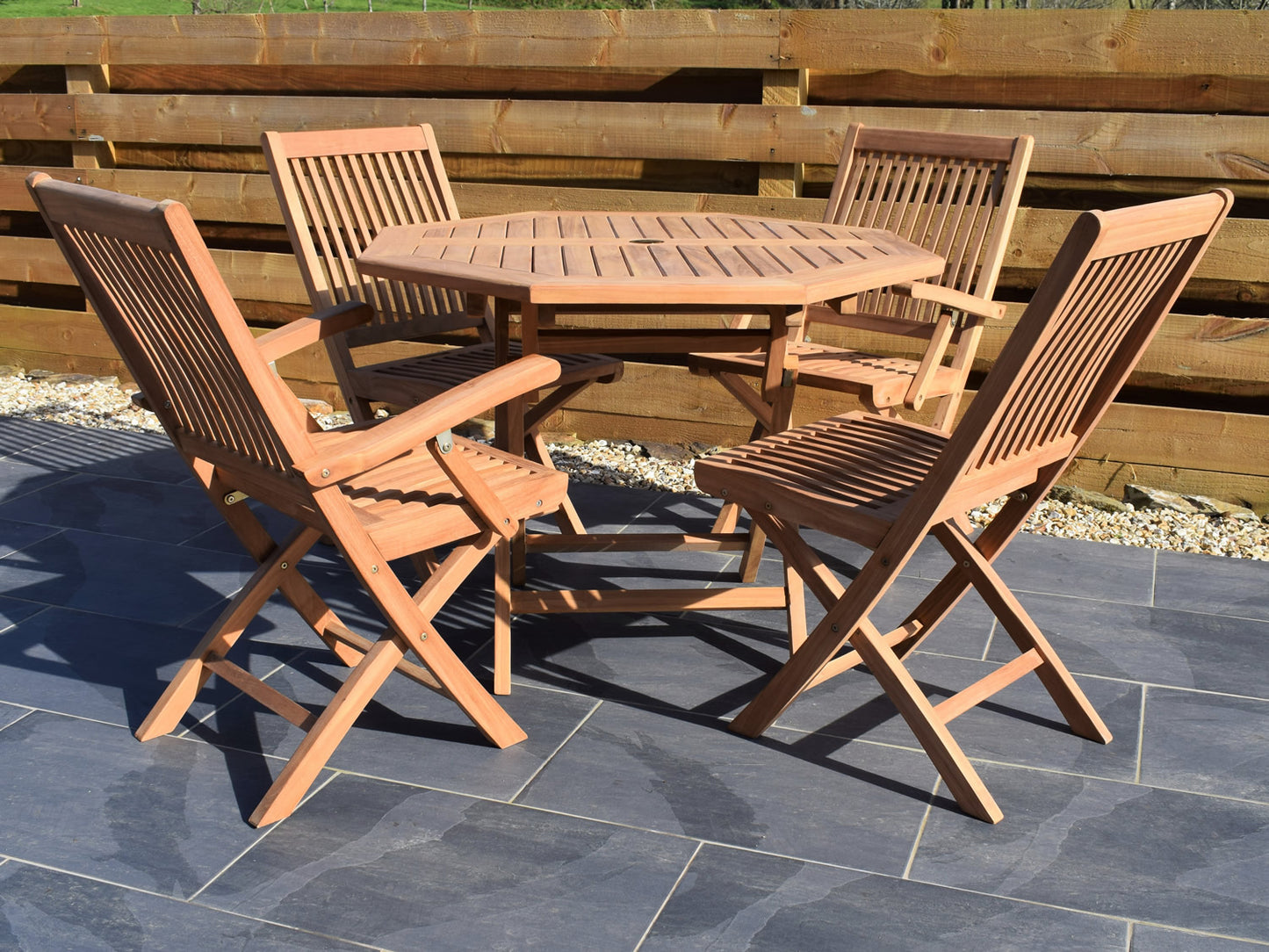 4 Seater Octagonal Folding Teak Set with Folding Chairs & Armchairs
