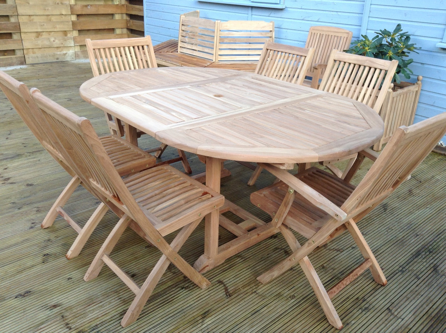 6 Seater Oval Pedestal Teak Set with Folding Chairs & Armchairs