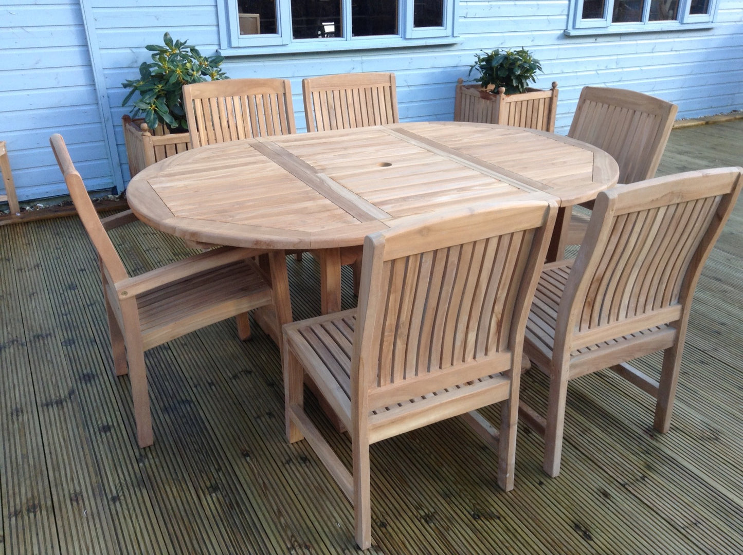 6 Seater Oval Pedestal Teak Set with Dining Chairs & Stacking Armchairs