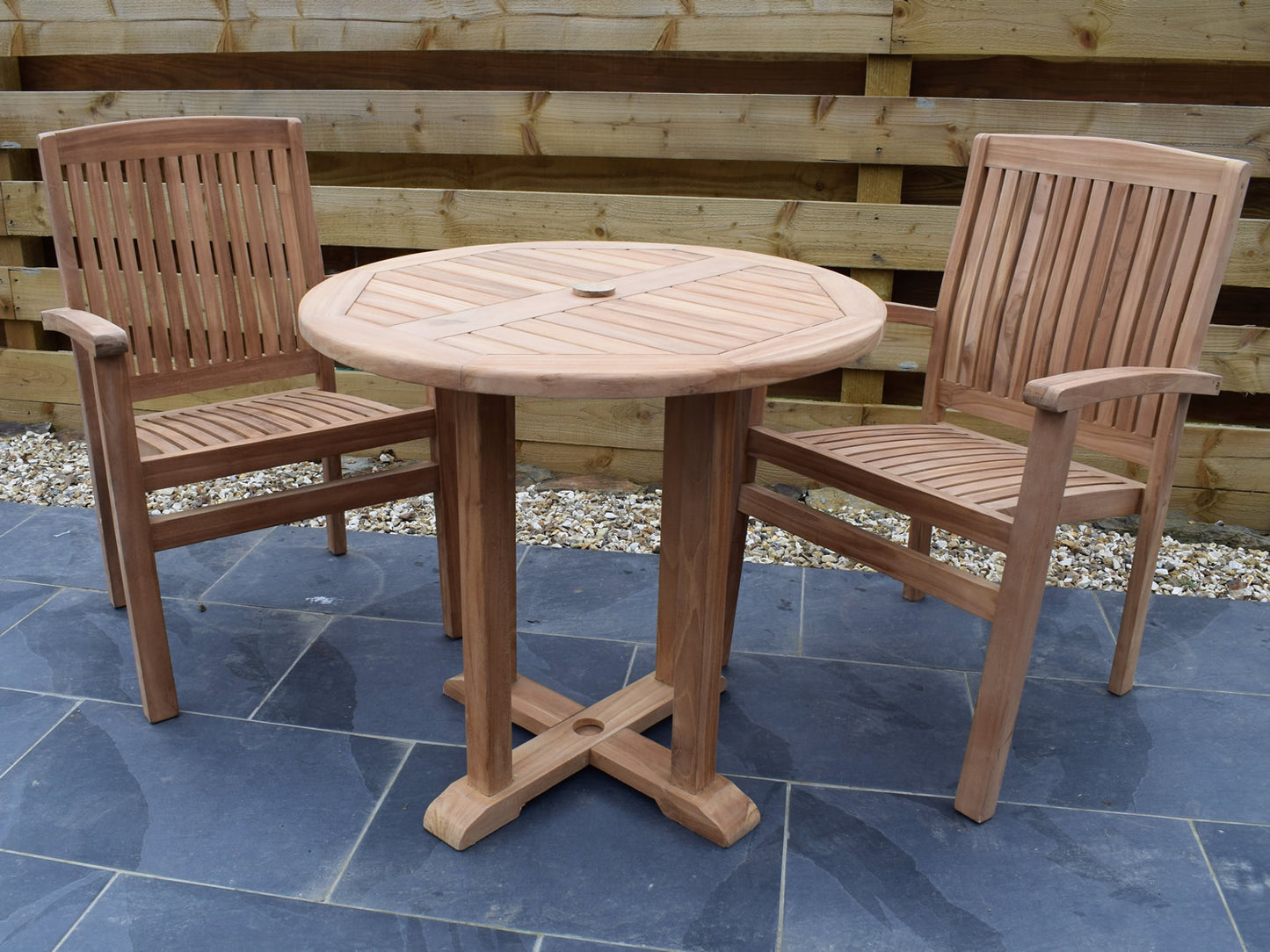 2 Seater Round Pedestal Teak Set with Henley Stacking Armchairs