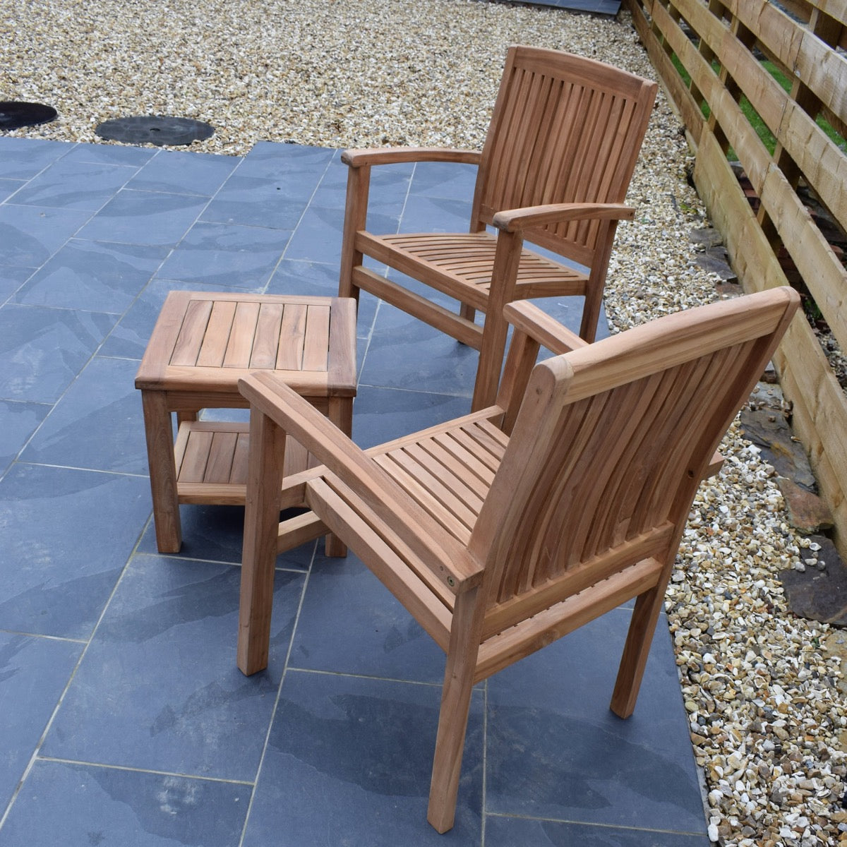 2 Seater Square Coffee Table Teak Set with Stacking Armchairs