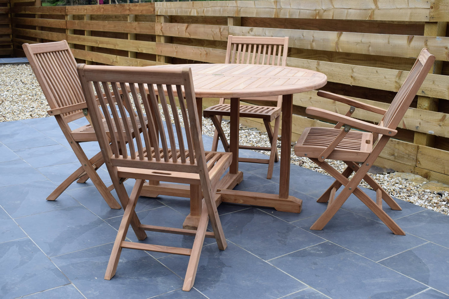 4 Seater Large Round Pedestal Teak Set with Folding Chairs and Armchairs