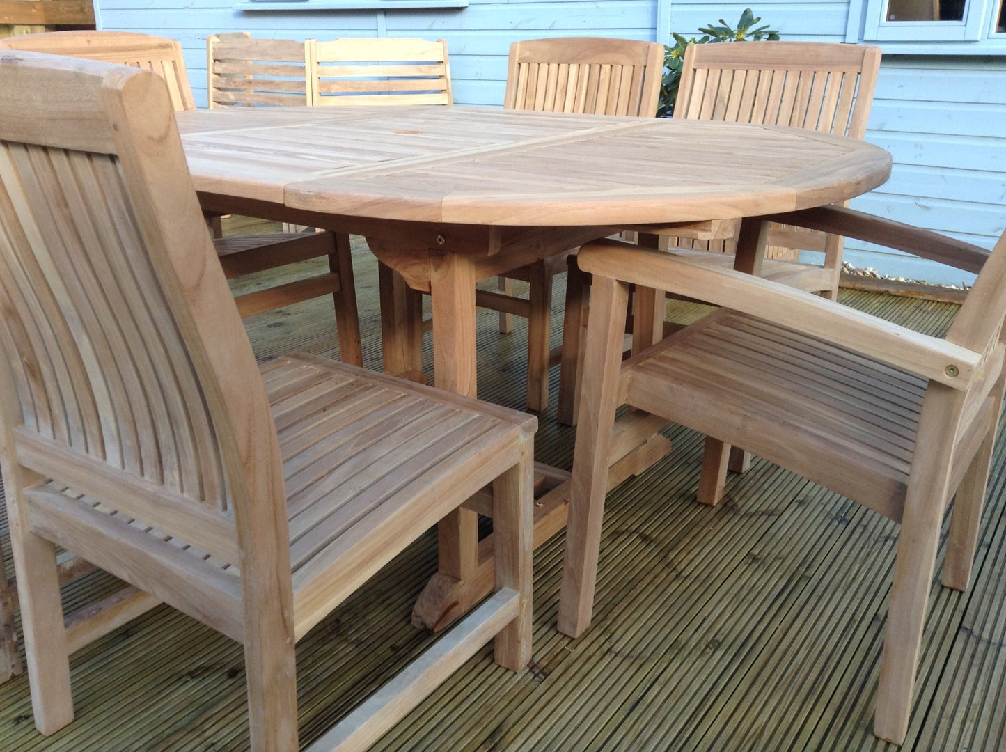 6 Seater Oval Pedestal Teak Set with Dining Chairs & Stacking Armchairs