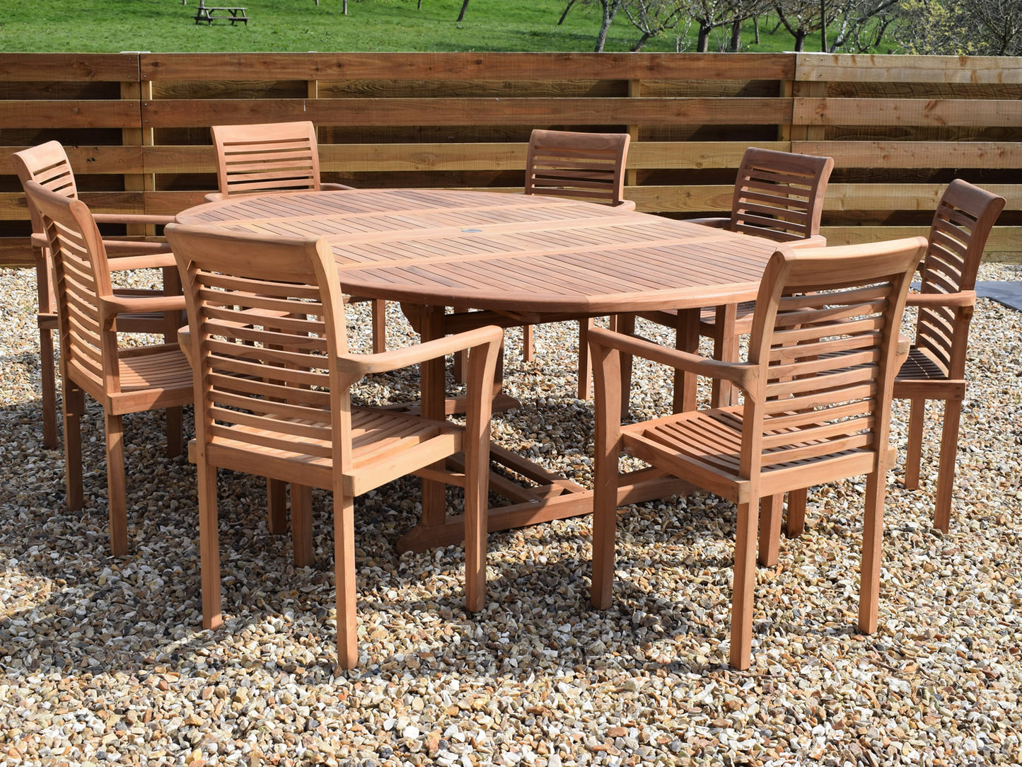 8 Seater Round Double Extending Teak Set with Newbury Stacking Armchairs