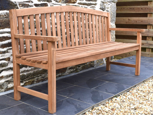 4 seater teak garden bench with curved back rail