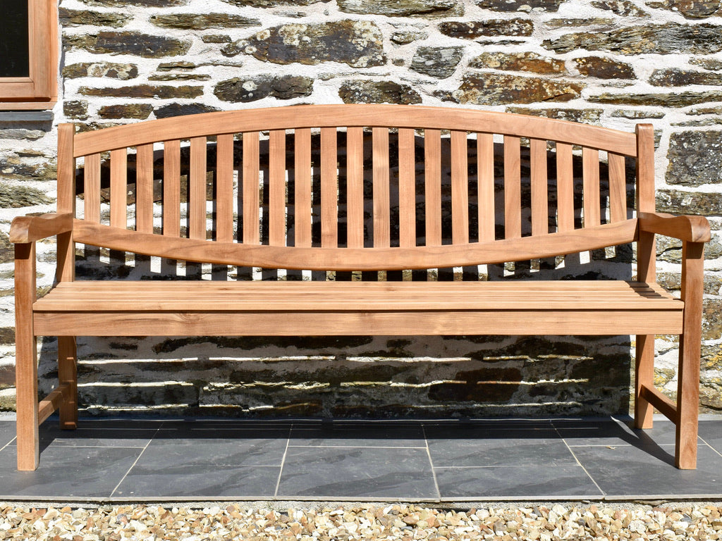 beautiful, large teak wood 4 seater garden bench with oval shaped back rest