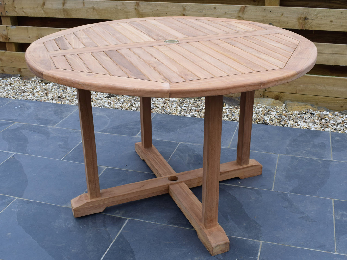 4 Seater Large Round Pedestal Teak Set with Folding Chairs and Armchairs