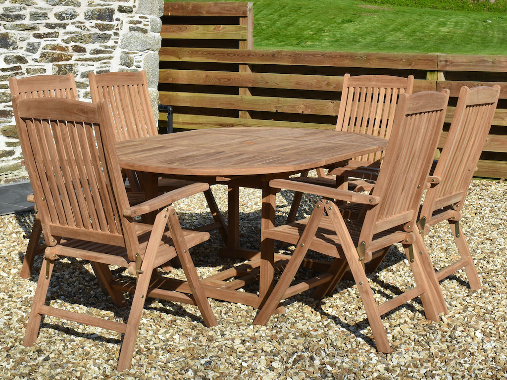 six seater teak garden dining set with reclining armchairs