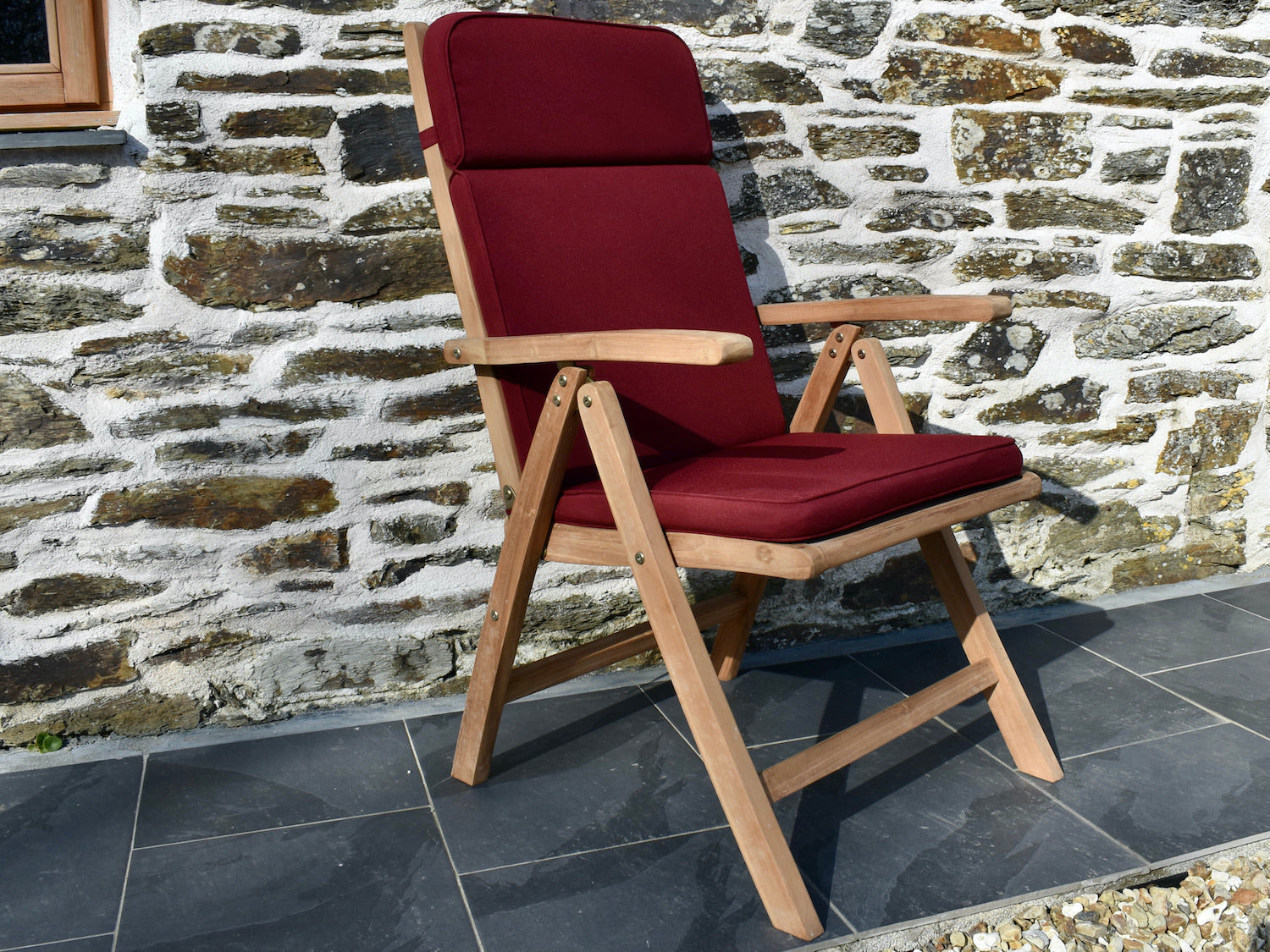 Burgundy wine colour outdoor cushion for a garden recliner chair
