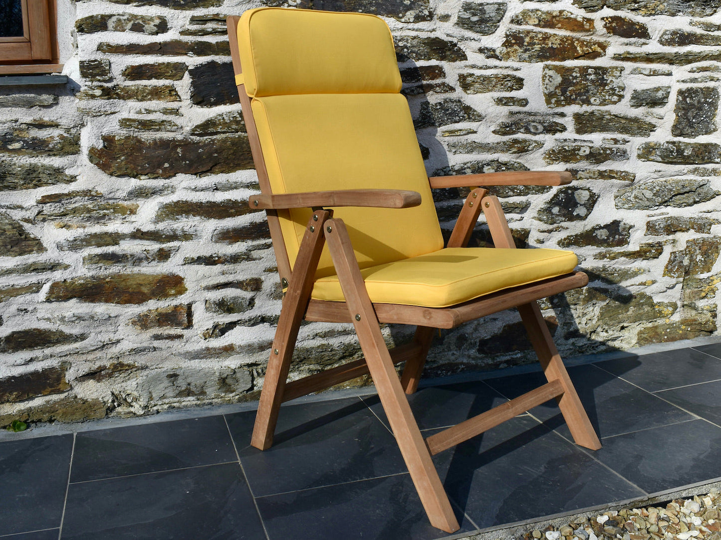yellow colour outdoor cushion for a garden recliner chair