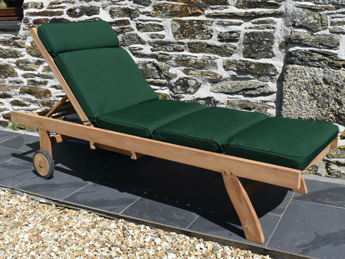 Traditional dark forest green colour outdoor cushion for a garden sun lounger chair