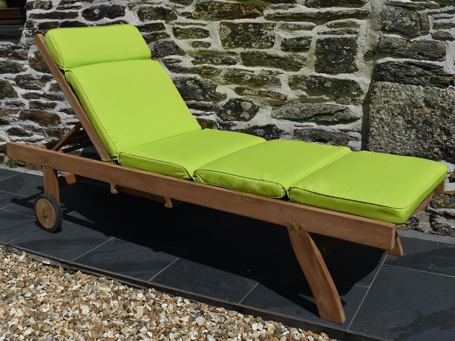 bright lime green outdoor cushion for a traditional garden sun lounger chair