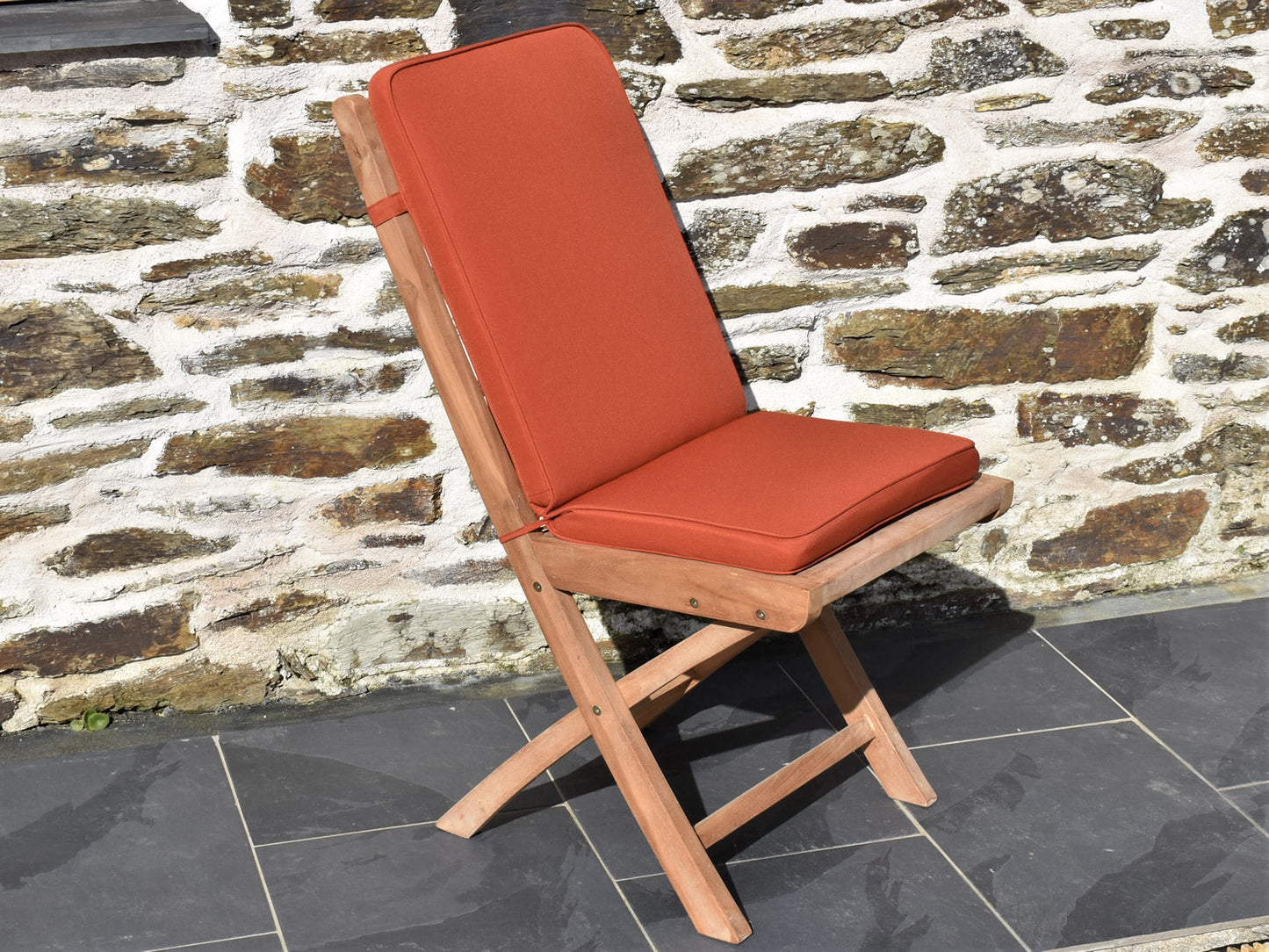 Classic terracotta orange colour outdoor folding seat pad and back cushion, perfect for teak folding garden chairs