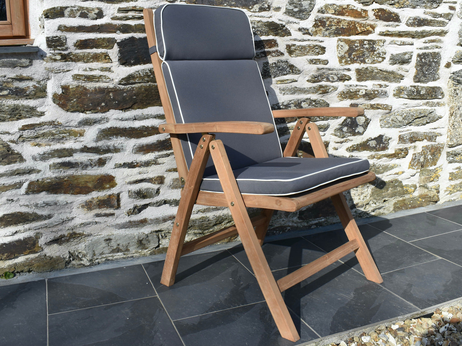 Grey colour outdoor cushion for a garden recliner chair