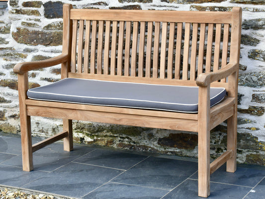 Luxury dove grey 2 seater / 120 cm outdoor garden bench cushion with contrast white piping