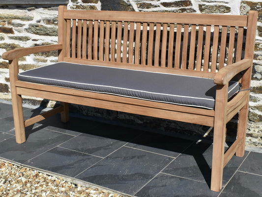 Luxury grey colour outdoor cushion for a 3 seater / 150cm garden bench with contrast white piping