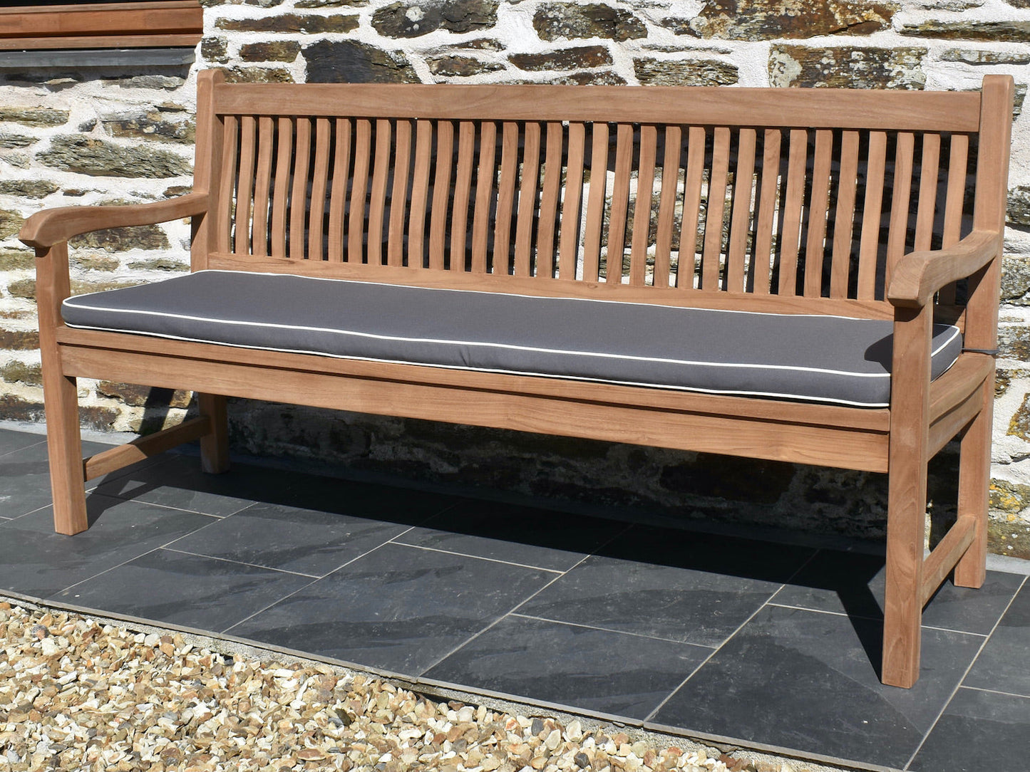 Luxury grey colour outdoor cushion for 4 seater / 180cm garden bench with contrast white piping