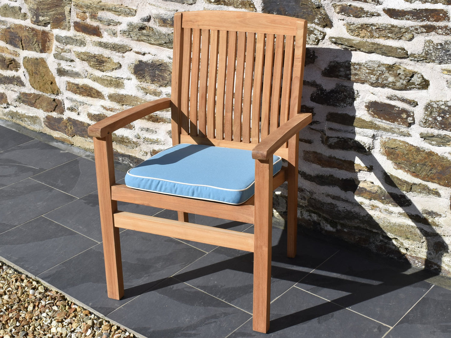 Luxury large outdoor garden seat pad, Light Blue with White piping