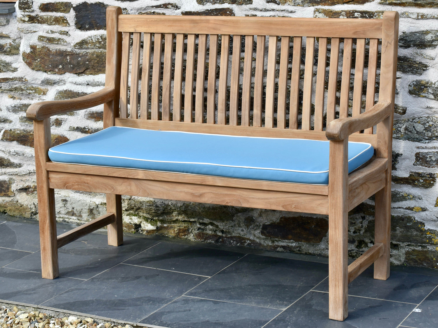 Luxury light blue 2 seater / 120cm outdoor garden bench cushion with contrast white piping