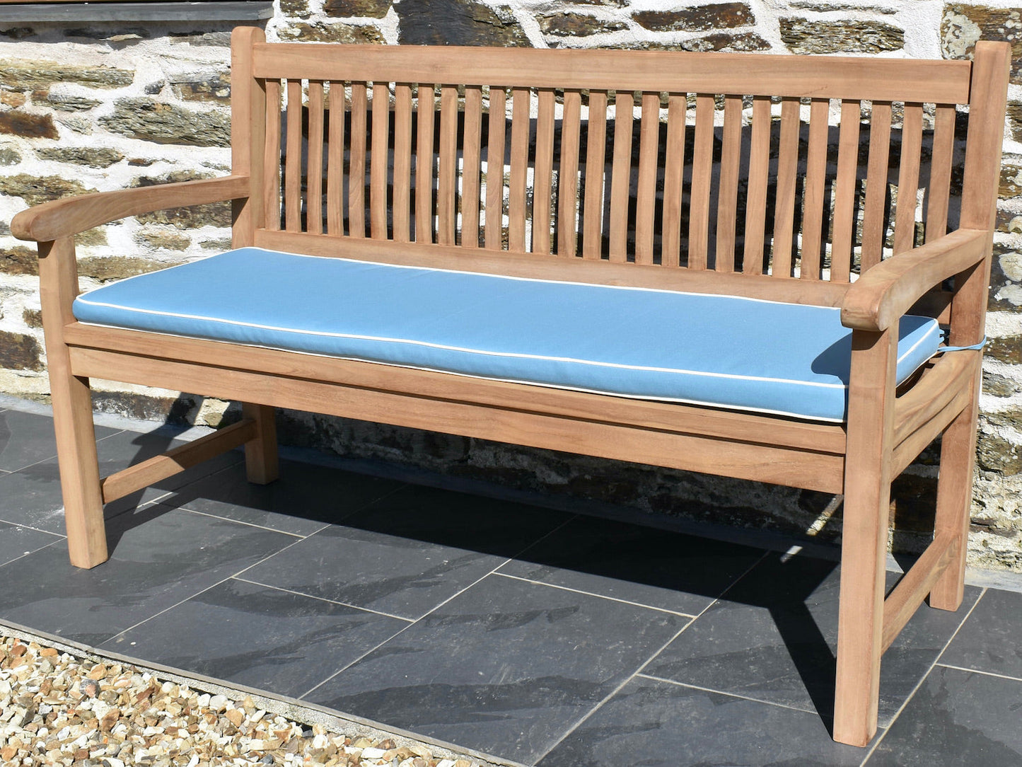 Luxury quality light blue colour outdoor cushion for a 3 seater / 150cm garden bench with contrast white piping