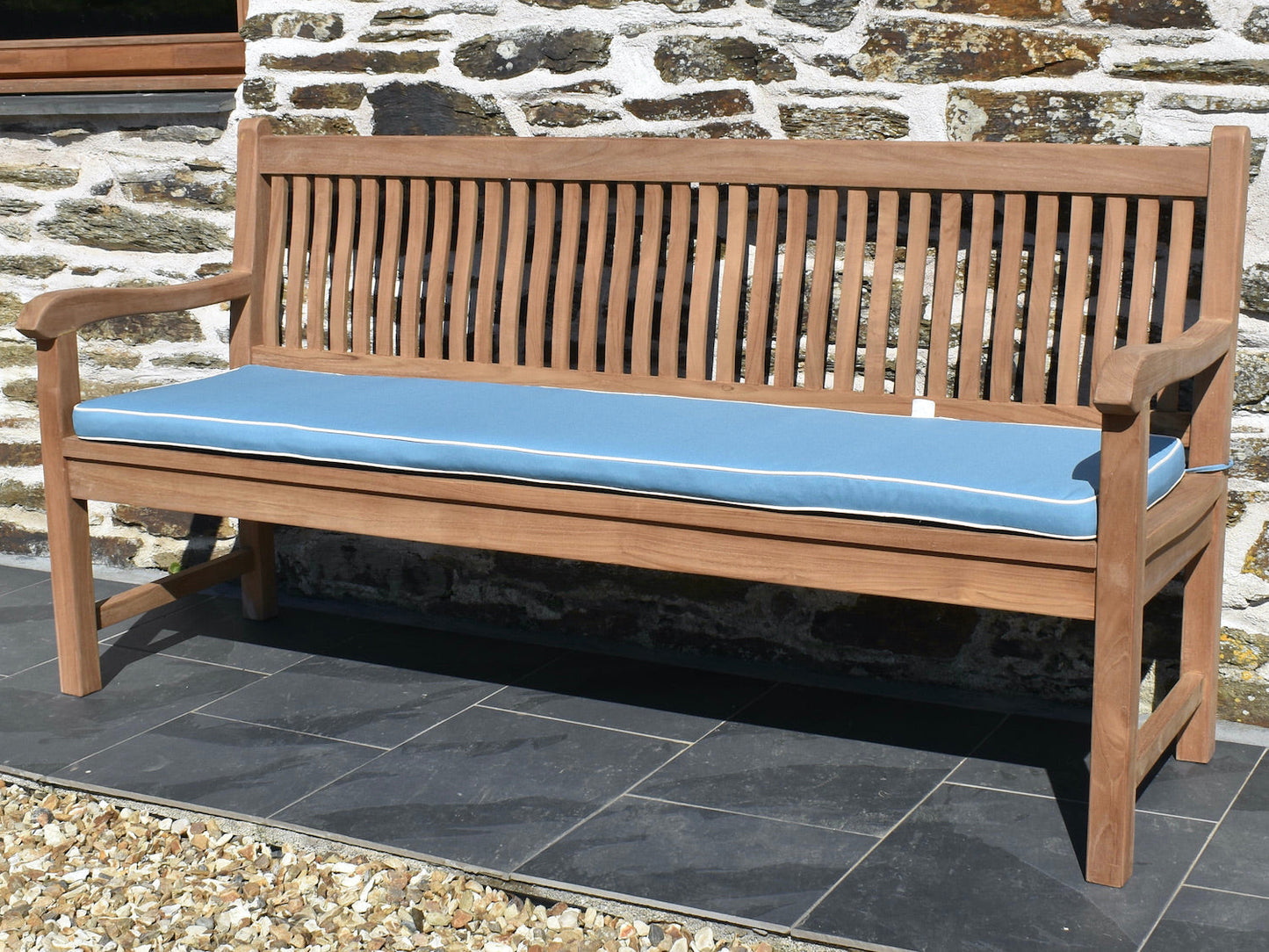 Luxury Light Blue colour outdoor cushion for 4 seater / 180cm garden bench with contrast white piping