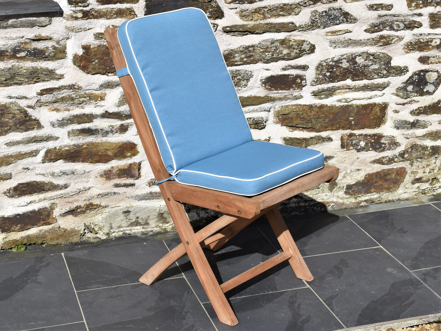 Luxury folding seat pad and back cushion in light blue, designed for teak folding garden chairs