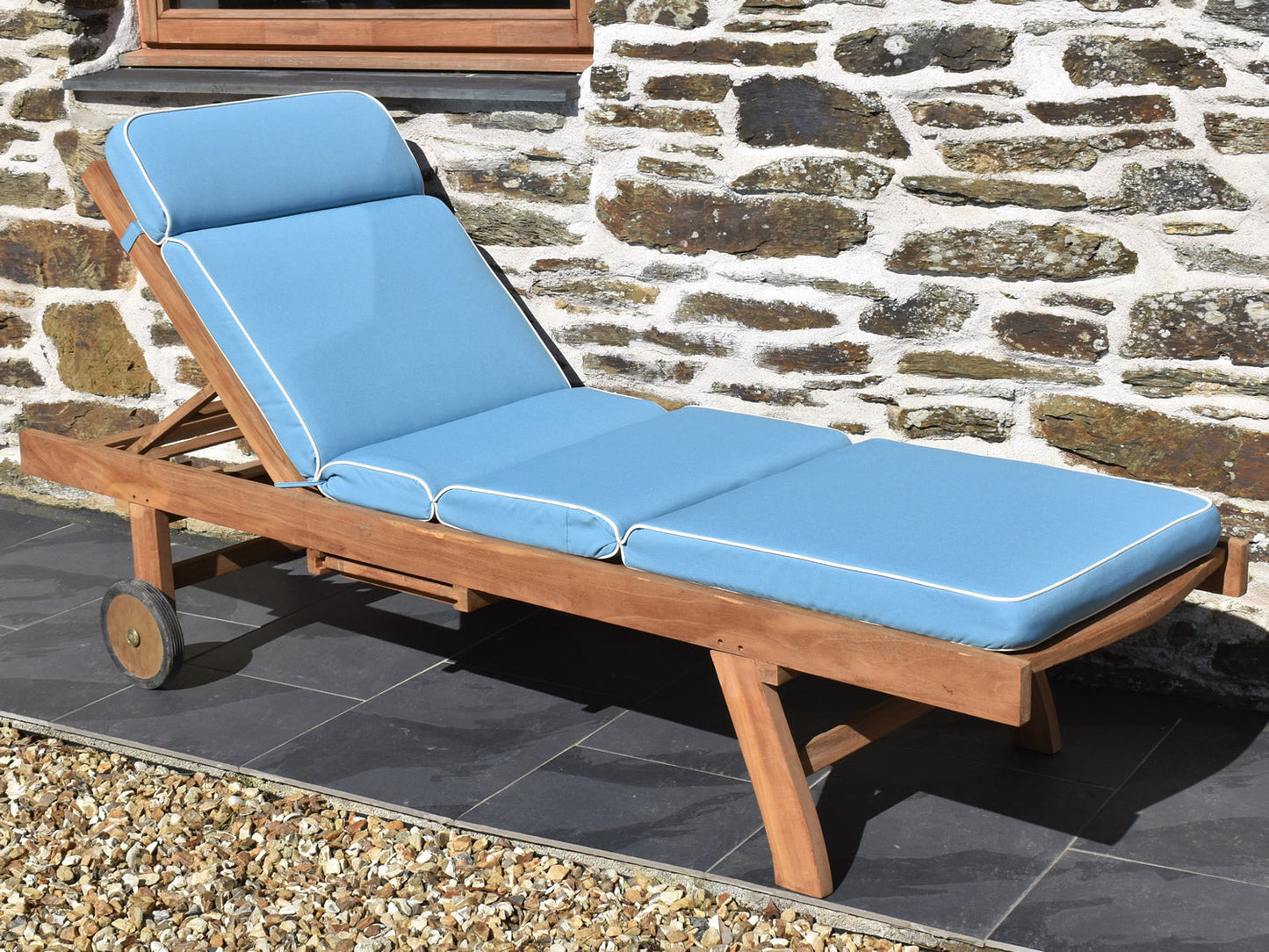 Luxury light blue sun lounger cushion with contrast ecru piping