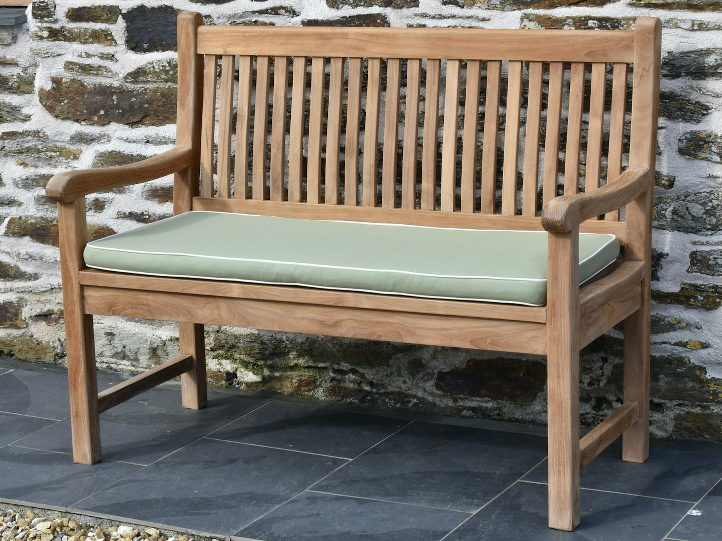 Luxury light olive green 2 seater / 120cm outdoor garden bench cushion with contrast white piping