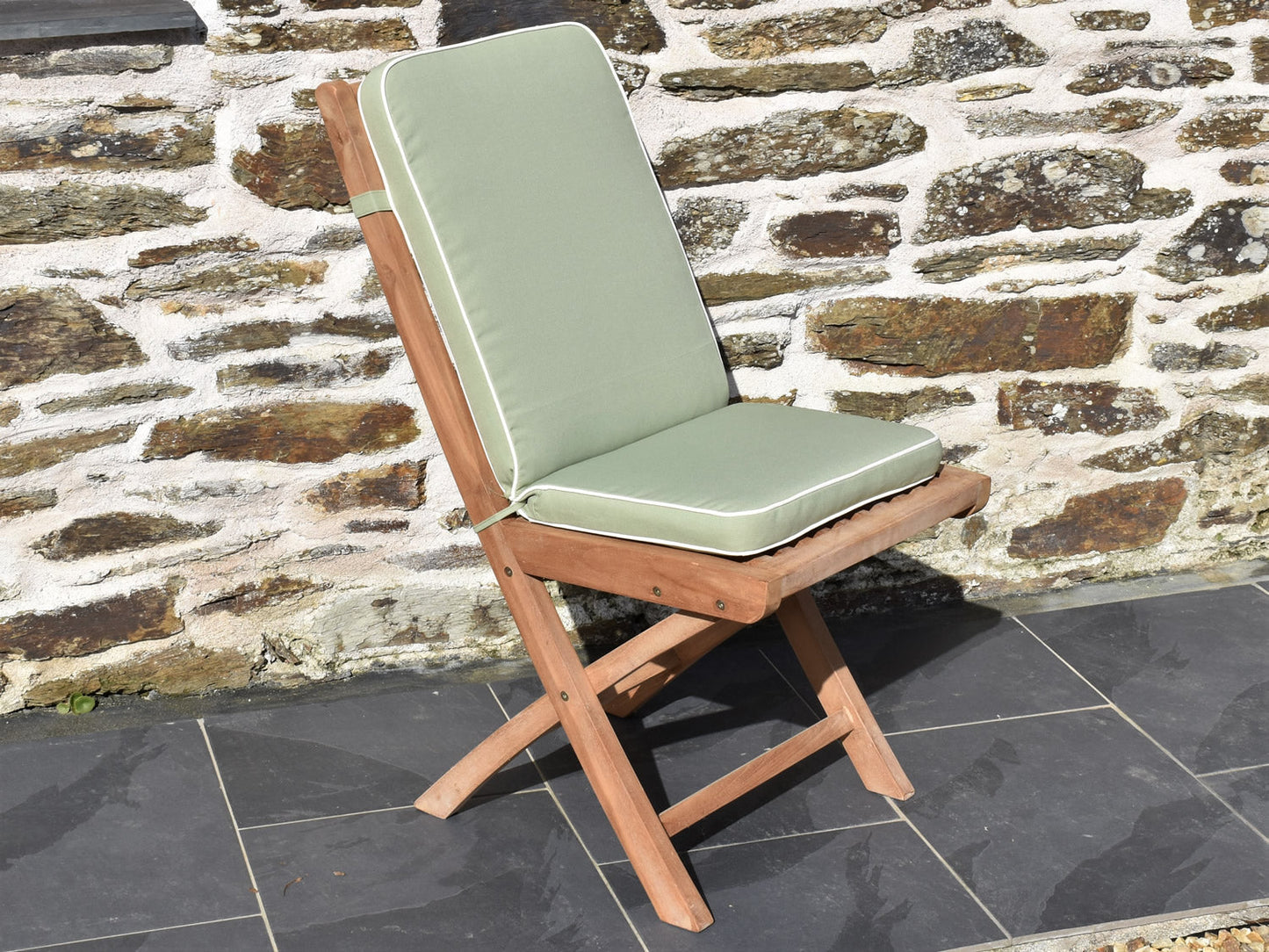 Luxury light olive green folding seat pad and back cushion, perfect for teak folding garden chairs
