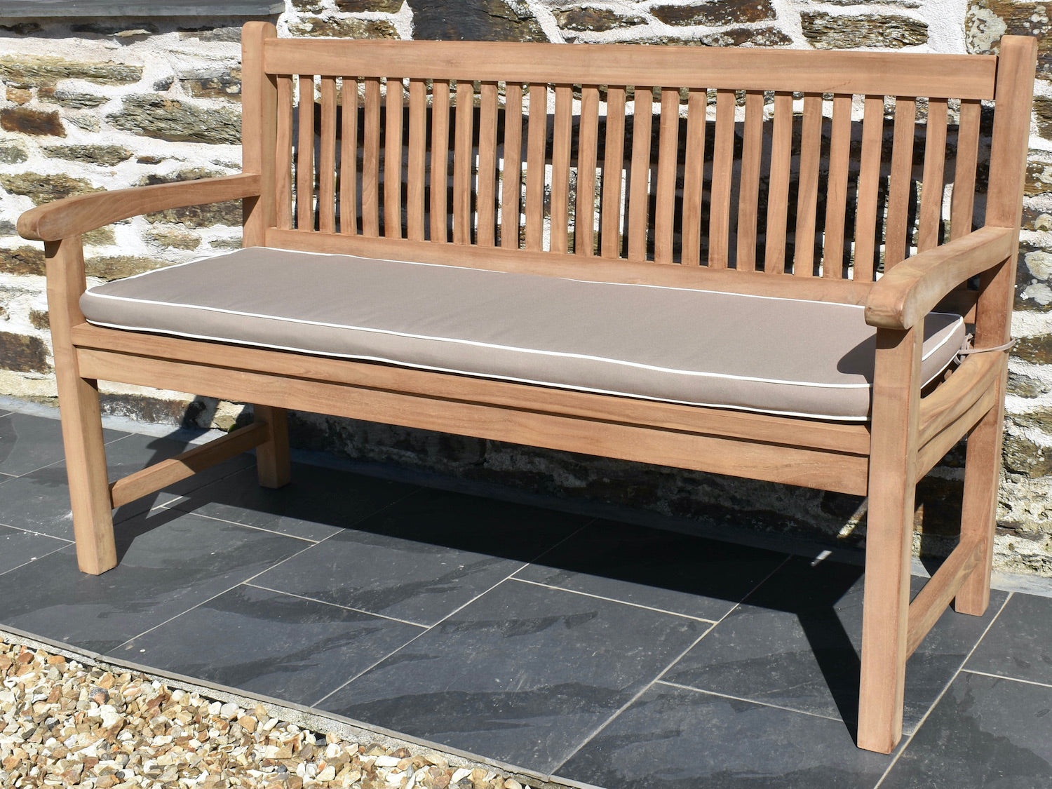 Luxury neutral taupe colour outdoor cushion for a 3 seater / 150cm garden bench with contrast white piping