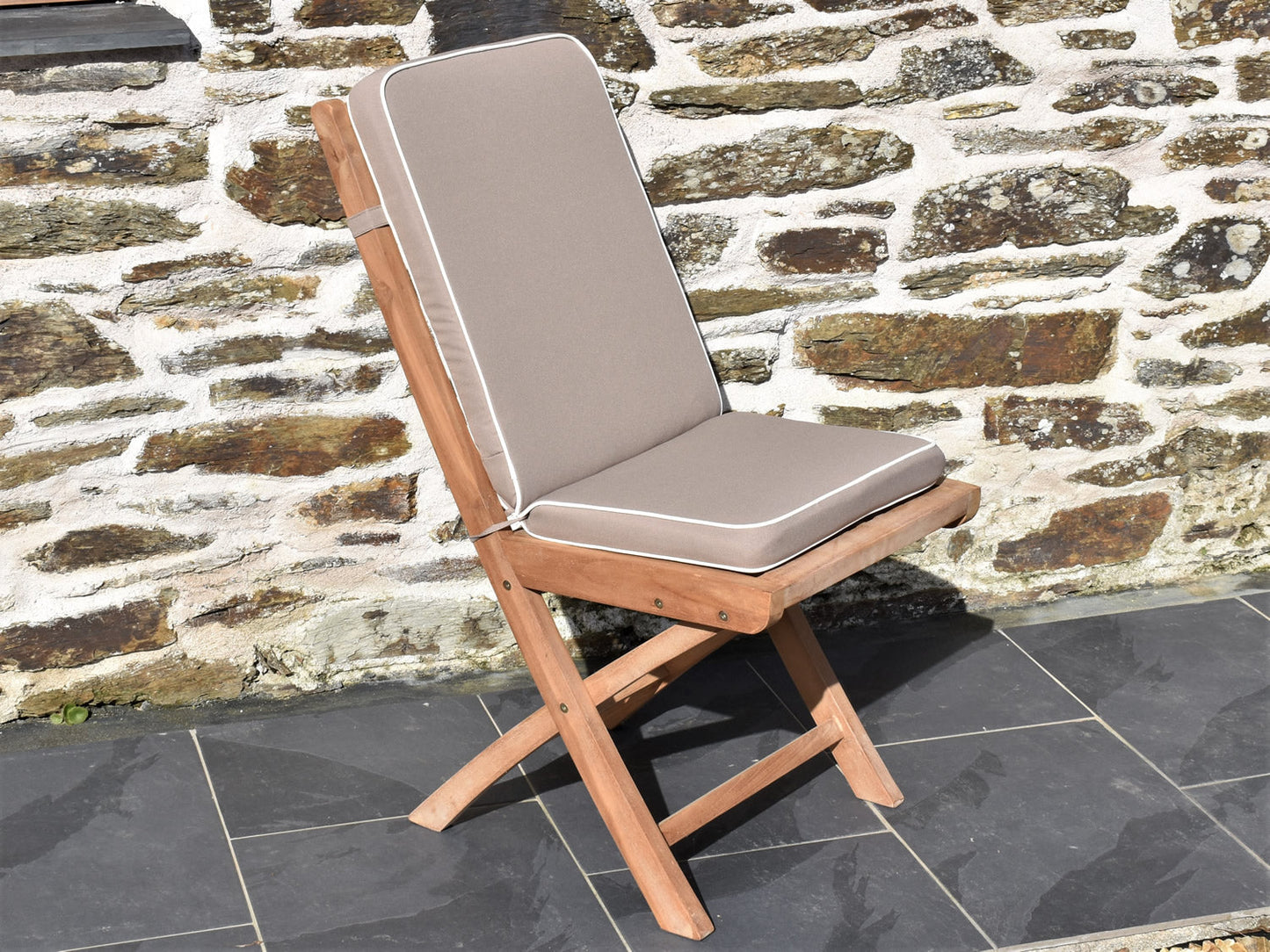 Luxury taupe colour folding seat pad and back cushion, perfect for folding teak garden chairs