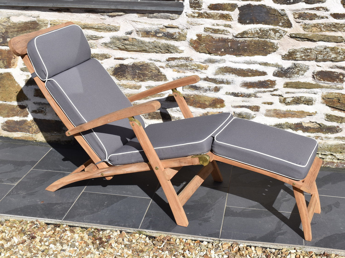 grey cushion for traditional teak garden steamer chair