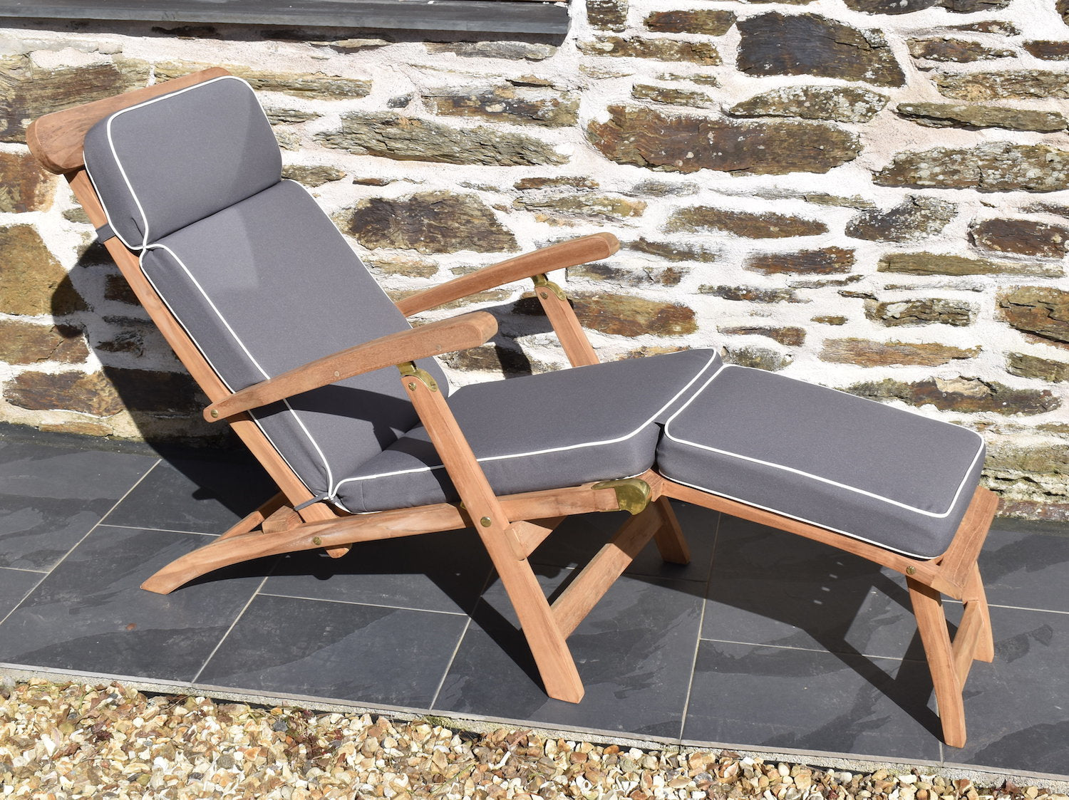grey cushion for traditional teak garden steamer chair