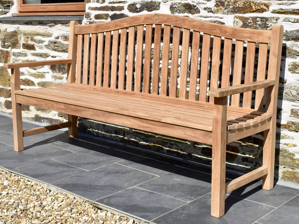 4 seater teak traditional garden bench engraved with a rose motif on the back rail
