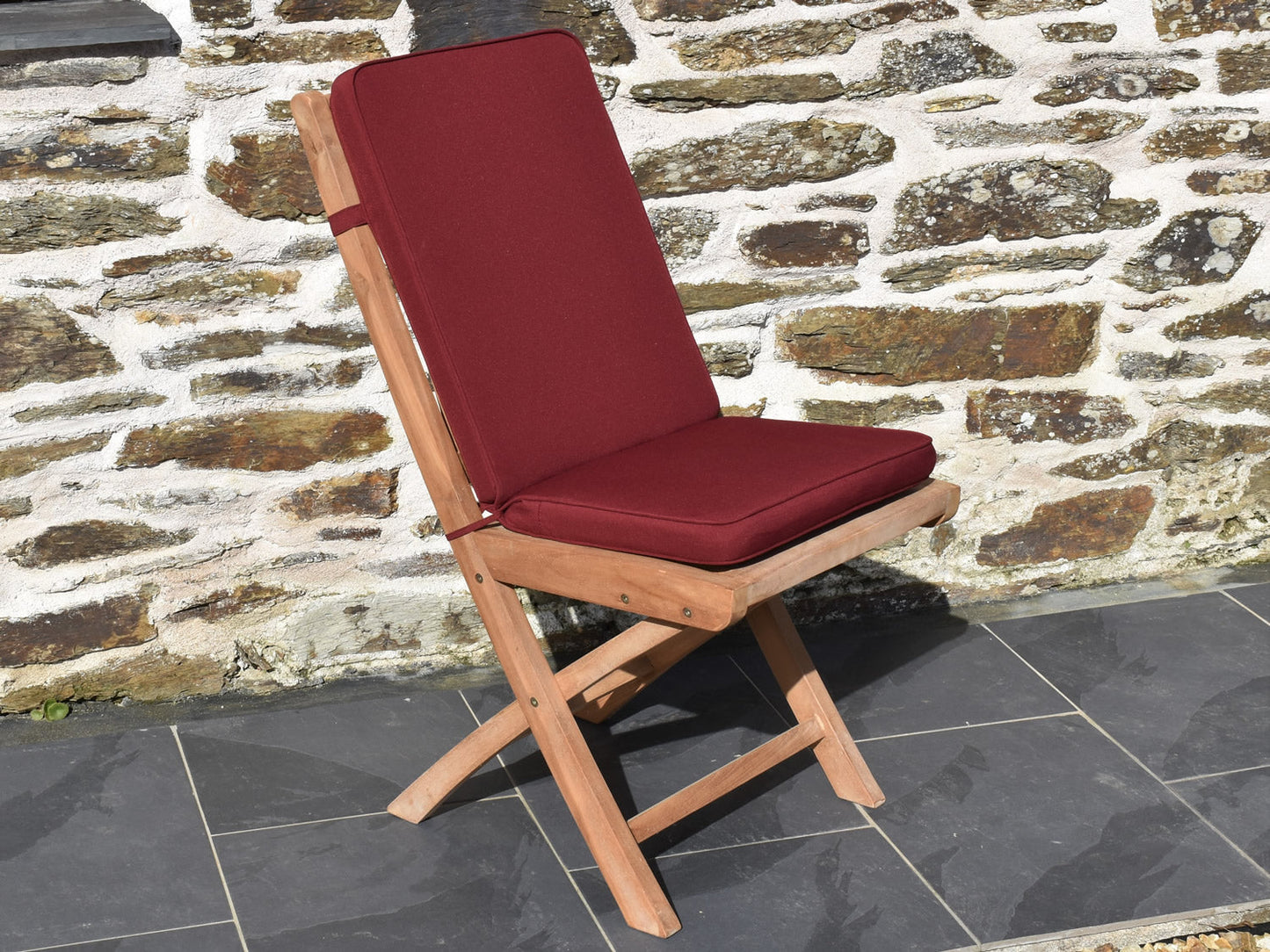 Classic burgundy wine colour folding seat pad and back garden chair cushion, perfect for teak folding garden chairs