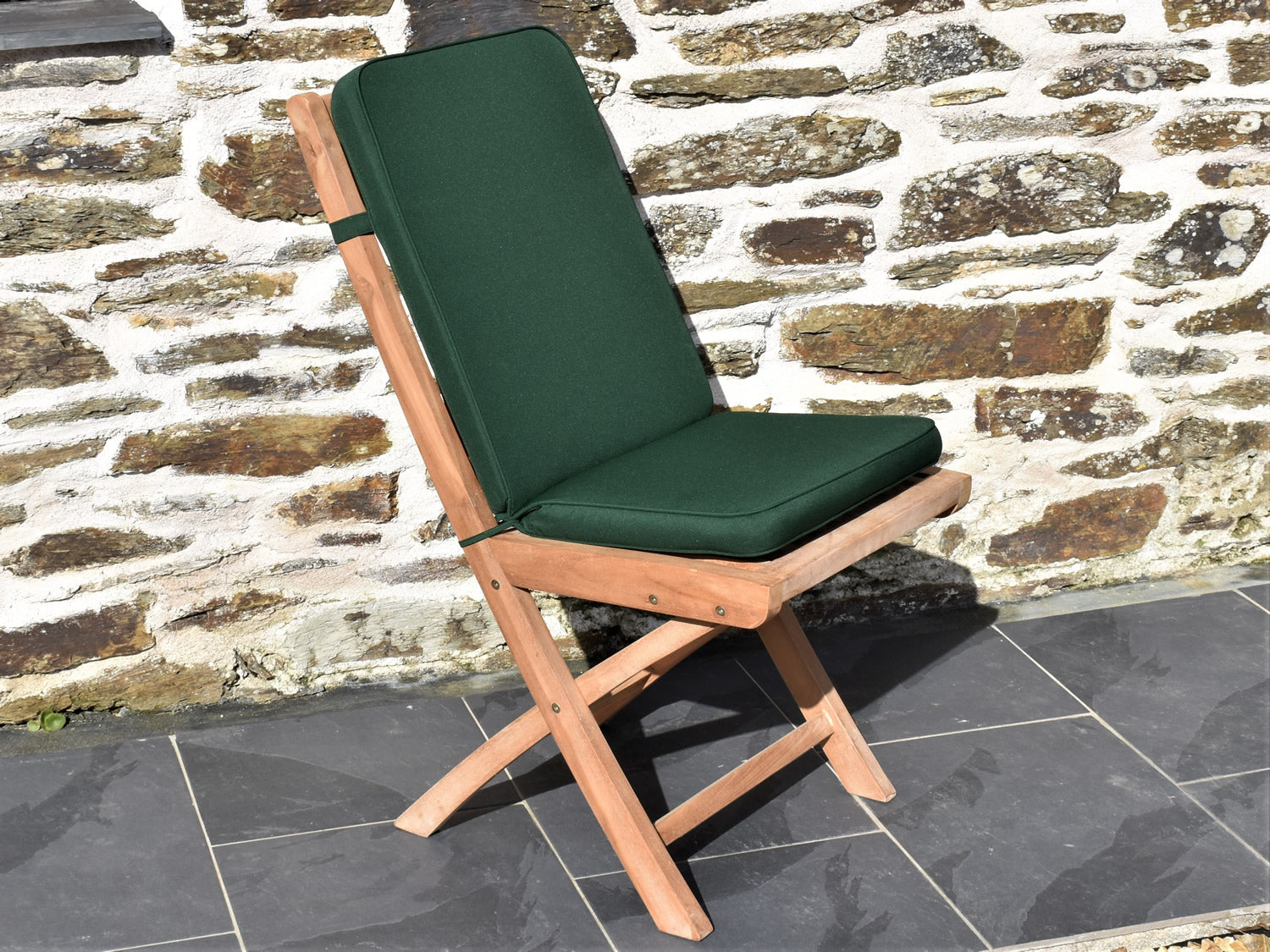 Classic dark forest green garden folding seat pad and back cushion, perfect for teak folding garden chairs