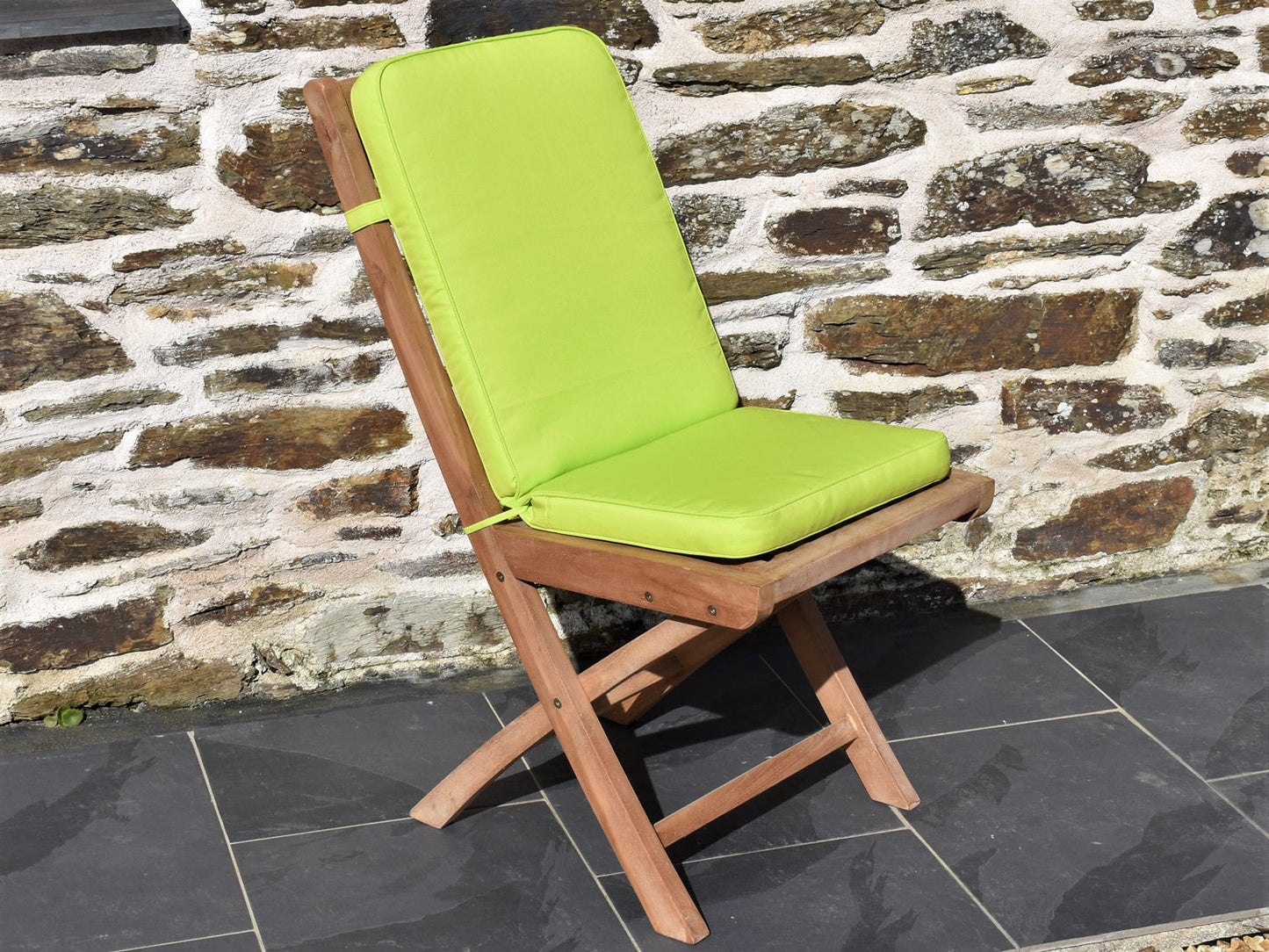 bright light green fabric folding outdoor pad and back cushion, perfect for teak folding garden chairs