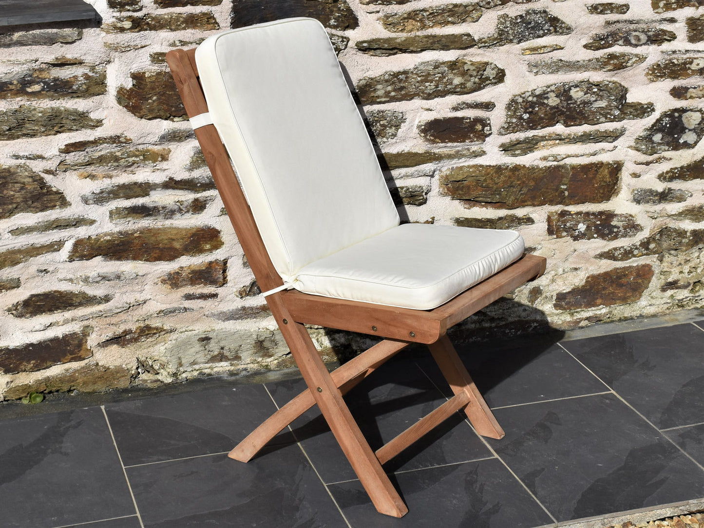 Classic natural Ecru cream colour outdoor folding pad and back seat cushion, perfect for teak folding garden chairs