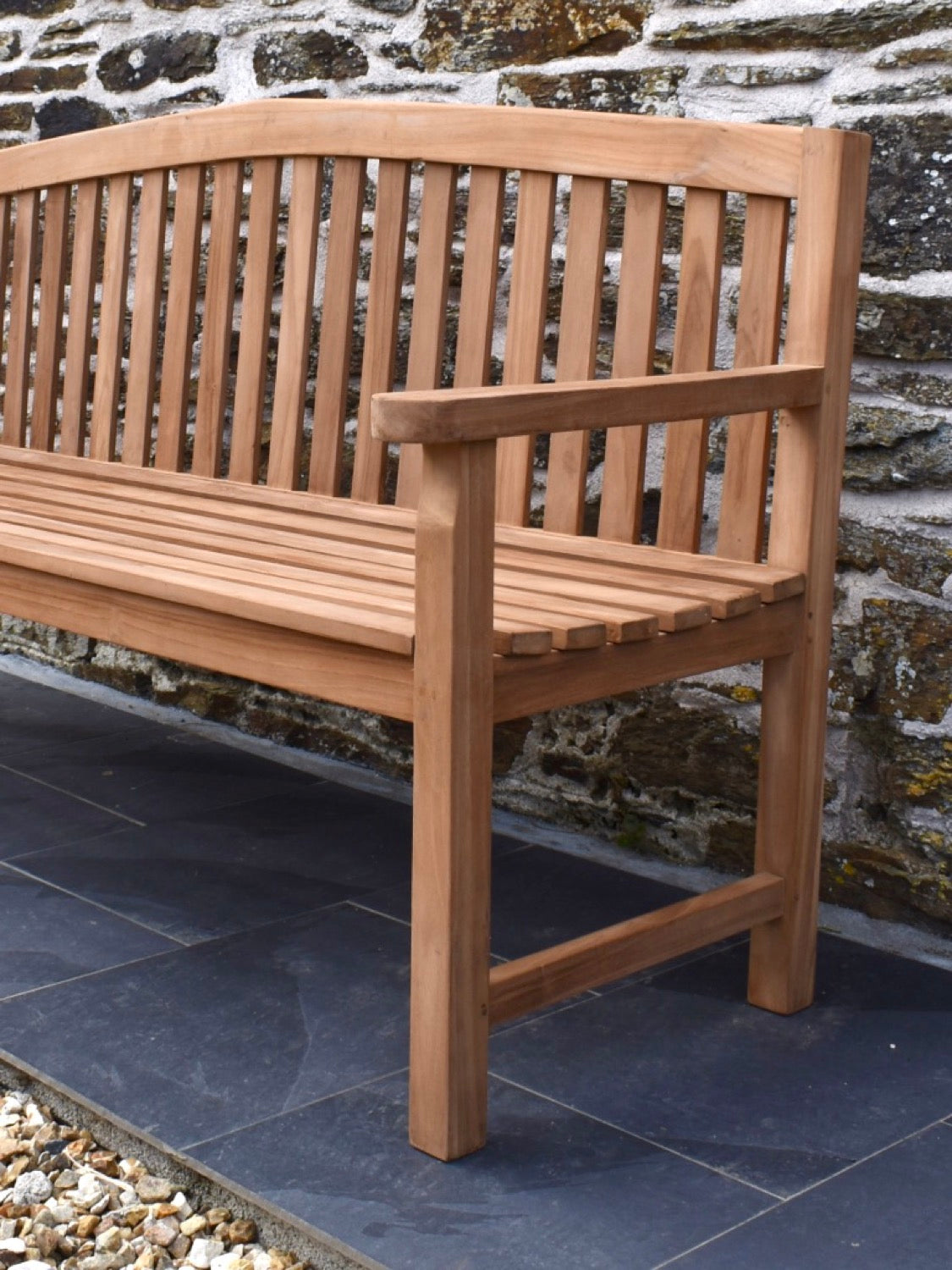 close-up of teak 6ft outdoor garden bench with curved back rail