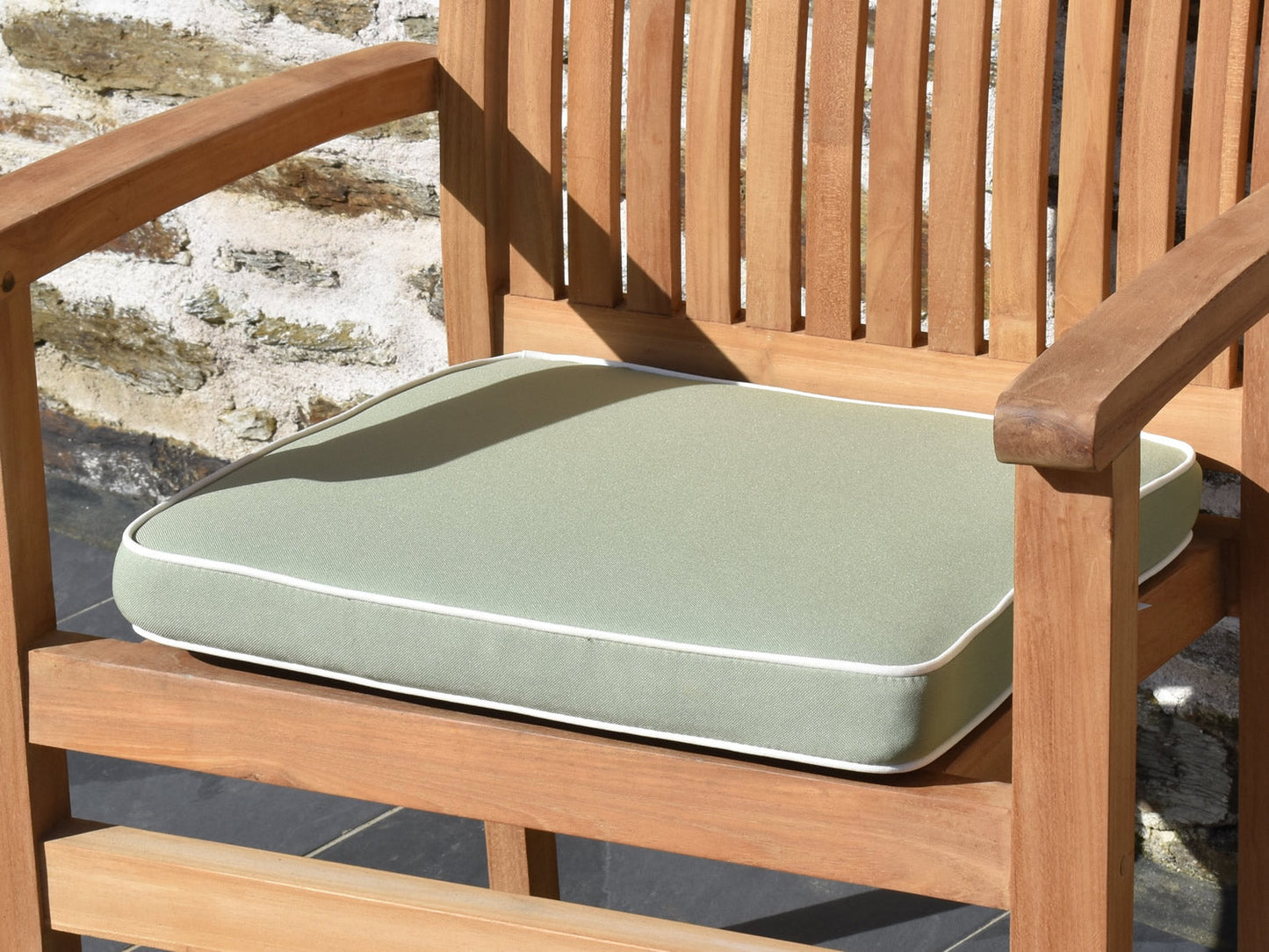 Luxury large outdoor garden seat pad, Light Olive with White piping, close view