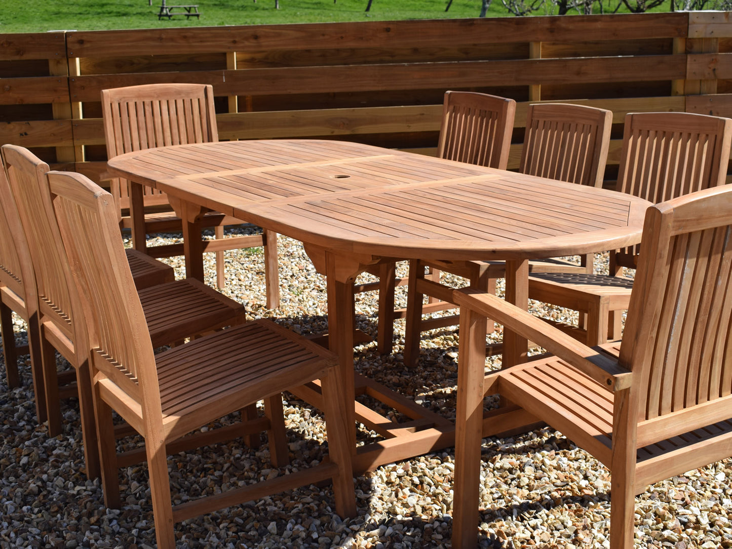 8 Seater Oval Extending Teak Set with Dining Chairs & Stacking Armchairs