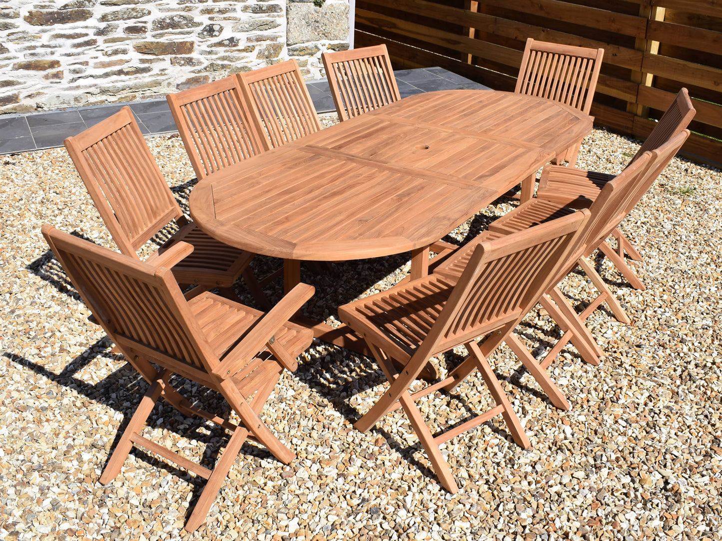 10 Seater Oval Extending Teak Set with Folding Chairs & Armchairs