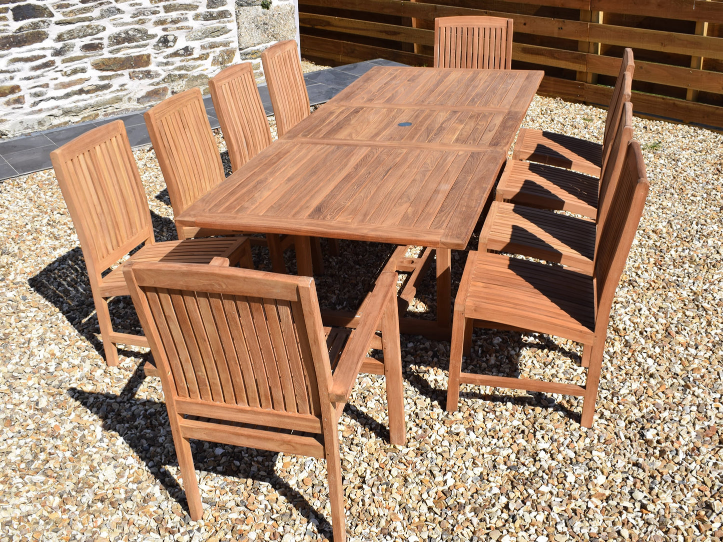 10 Seater Rectangular Extending Teak Set with Dining Chairs & Stacking Armchairs