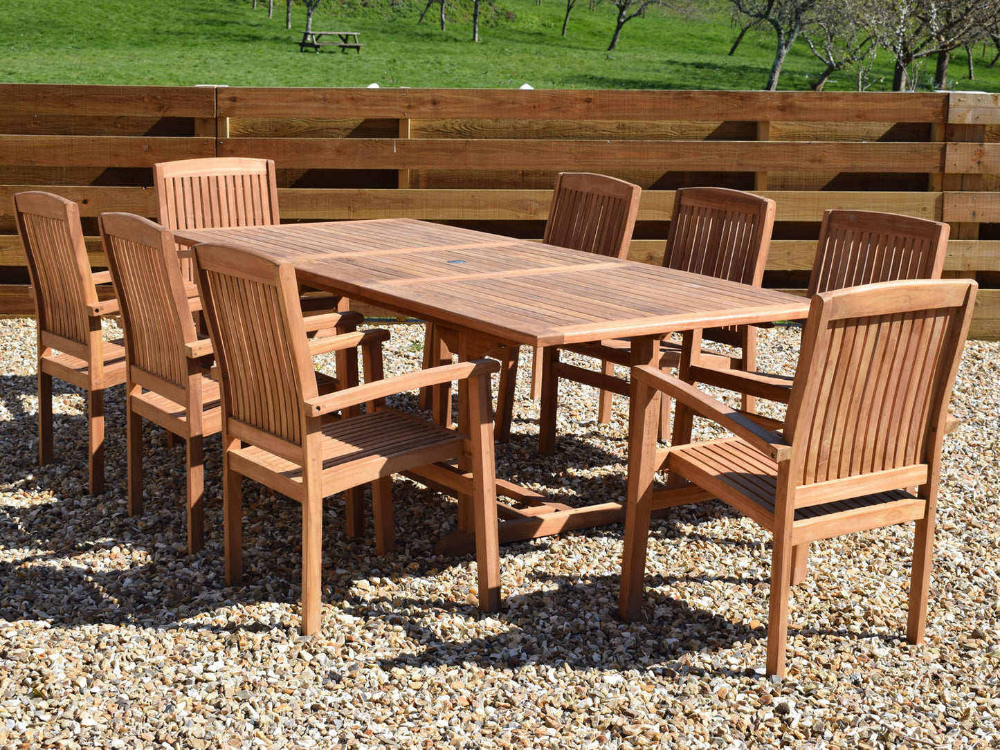 8 Seater Rectangular Extending Teak Set with Stacking Armchairs