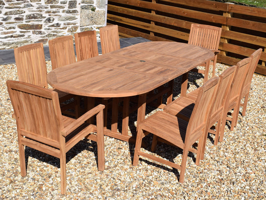 10 Seater Oval Double Extending Teak Set with Dining Chairs & Stacking Armchairs