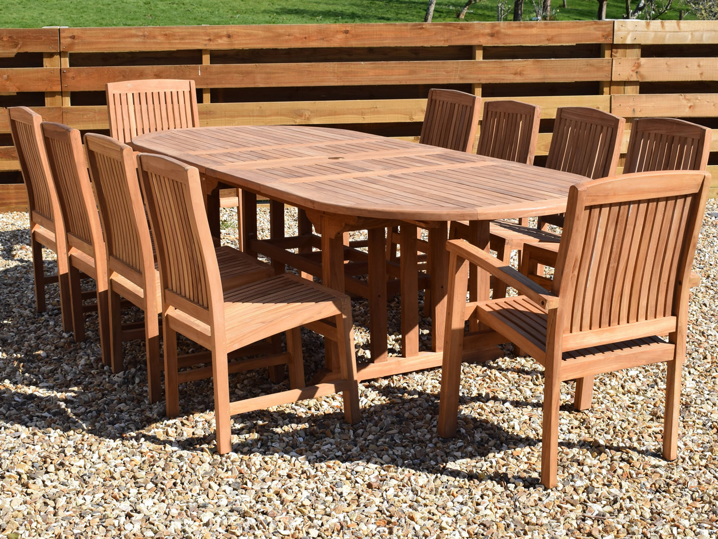 10 Seater Oval Double Extending Teak Set with Dining Chairs & Stacking Armchairs