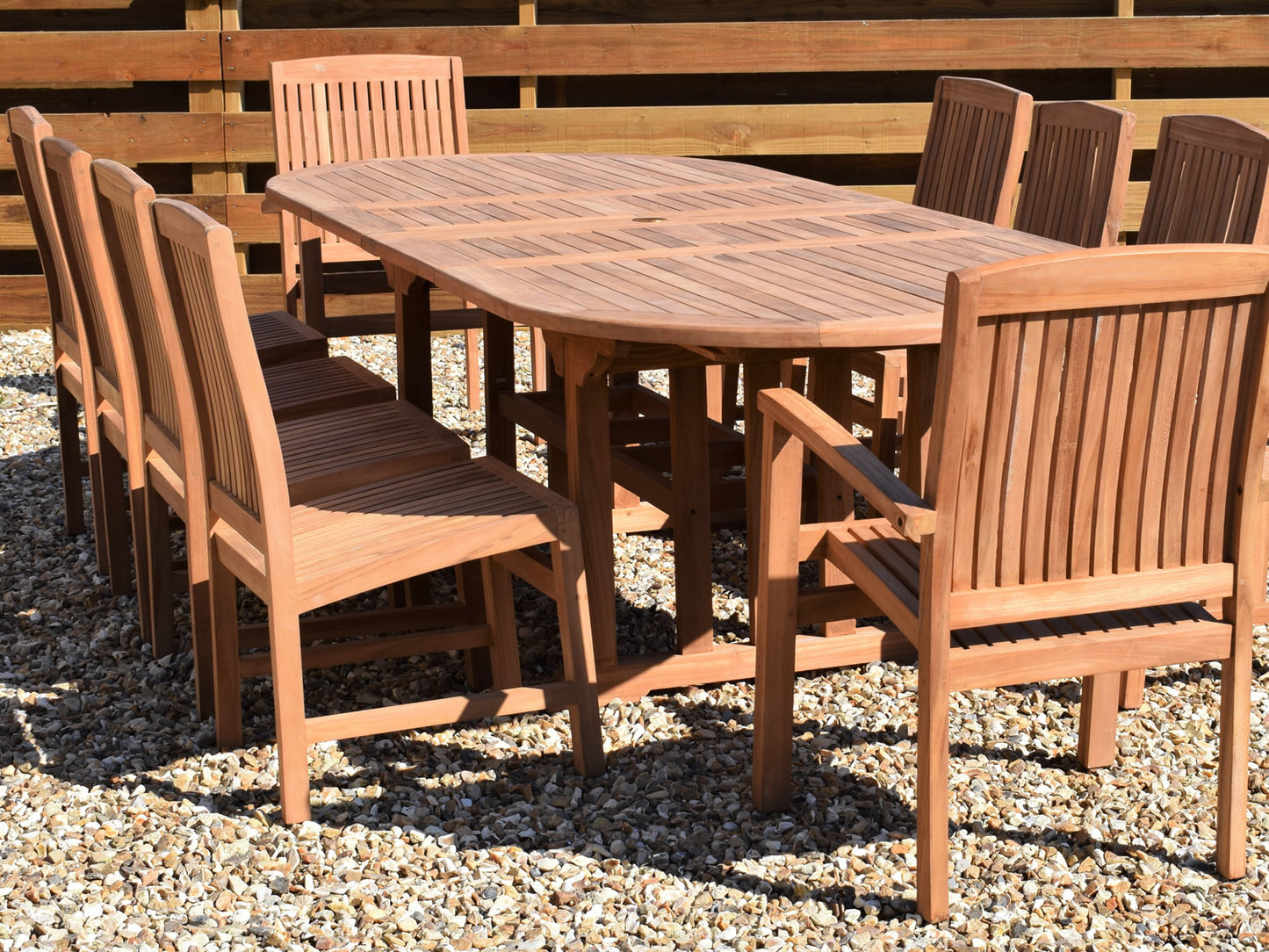 10 Seater Oval Double Extending Teak Set with Dining Chairs & Stacking Armchairs